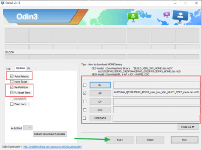 Make sure Repartition, F Reset Time and Auto-Reboot are ticked in Odin Options tab